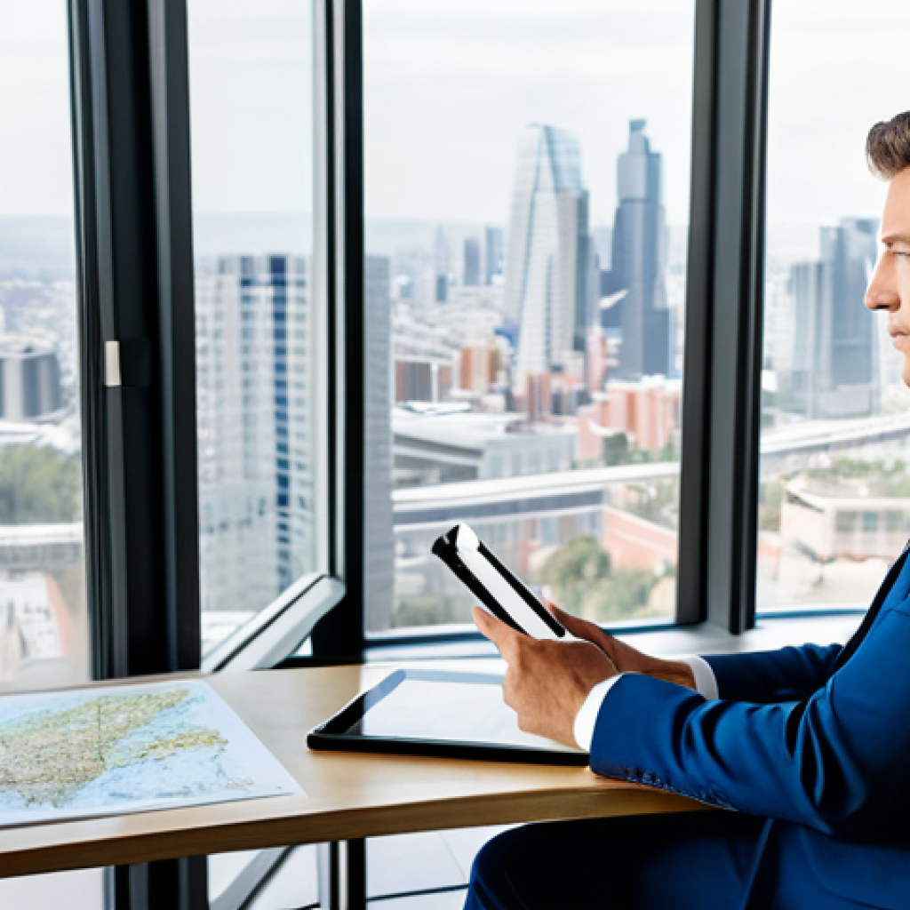 A professional real estate appraiser, fully clothed in a modest business suit, seated at a sleek modern desk. They are focused on a tablet, with a traditional paper map or physical property document subtly placed nearby. The background is a bright, clean professional office with a large window overlooking a contemporary cityscape. Perfect anatomy, correct proportions, natural pose, well-formed hands, proper finger count, natural body proportions, professional photography, high-resolution, sharp focus, natural lighting, safe for work, appropriate content, family-friendly, professional dress.