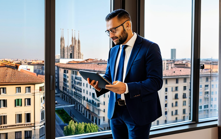 Modern Appraiser**
"A professional Italian real estate appraiser, fully clothed in business attire, inspecting a modern apartment in Milan. The apartment features large windows with a cityscape view. He's holding a tablet displaying property data. Safe for work, appropriate content, perfect anatomy, natural proportions, well-lit, professional photography, family-friendly, modest clothing, detailed interior."
**