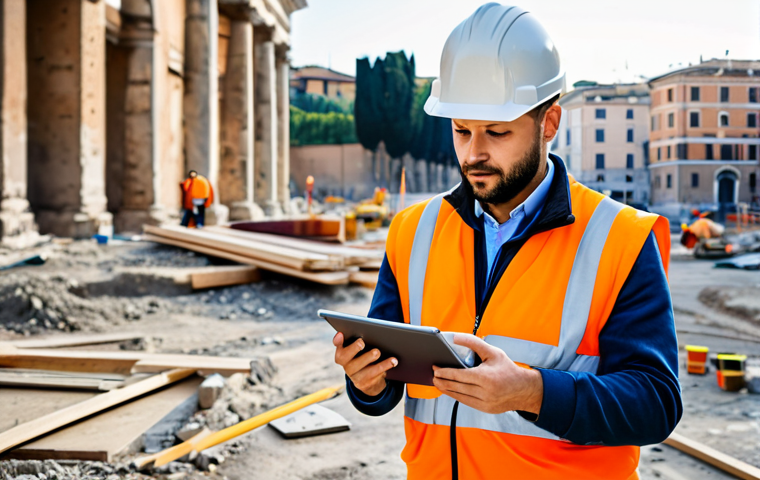 Modern Surveyor Embracing Technology**
"A professional male surveyor in appropriate attire, fully clothed, using a tablet at a construction site in Rome, Italy. Modern architecture in the background. Emphasis on digital tools, GPS, and BIM software. Safe for work, correct proportions, perfect anatomy, professional, high quality, appropriate content, well-formed hands, natural pose, realistic."
**