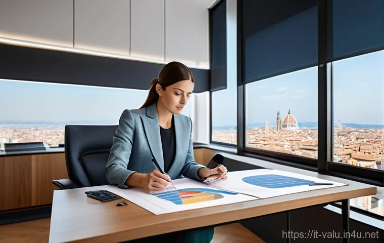 감정평가사 시험의 연도별 추세 - **Prompt:** A modern Italian real estate valuator, a woman in her late 30s, dressed in a smart busin...