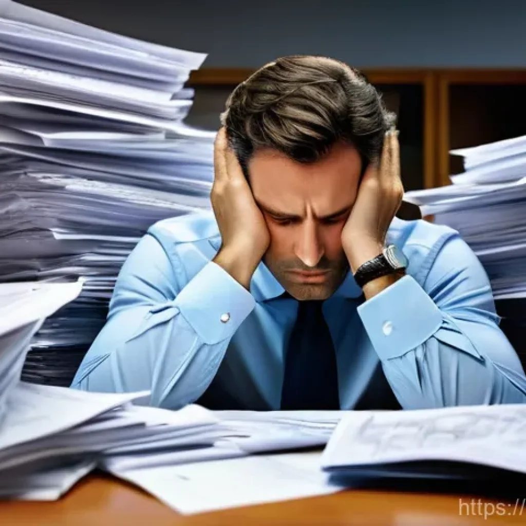 감정평가사 업무 스트레스 관리 - A professional male real estate appraiser, in his late 30s, looking deeply stressed and overwhelmed,...