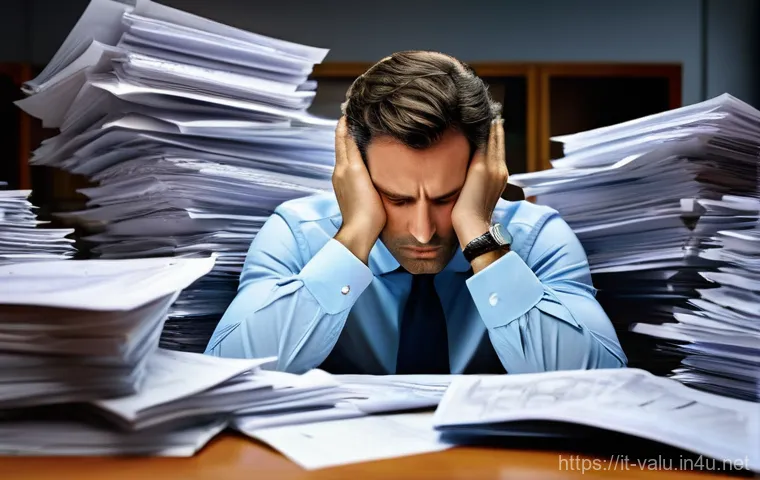 감정평가사 업무 스트레스 관리 - A professional male real estate appraiser, in his late 30s, looking deeply stressed and overwhelmed,...