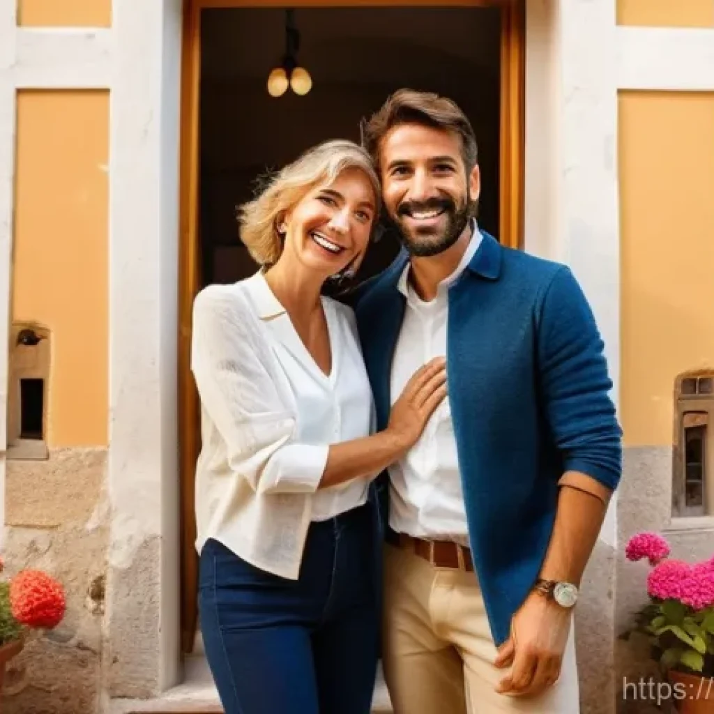 감정평가사 블로그에서 다룰 수 있는 인기 주제 - A joyful Italian couple, both in their mid-30s and dressed in elegant yet casual attire, stands beam...