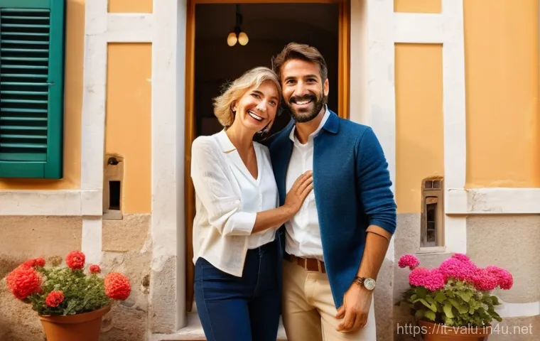 감정평가사 블로그에서 다룰 수 있는 인기 주제 - A joyful Italian couple, both in their mid-30s and dressed in elegant yet casual attire, stands beam...