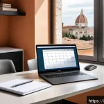 감정평가사의 자기관리 비법 - A modern Italian real estate agent's workspace during a busy morning, featuring a sleek laptop with ...