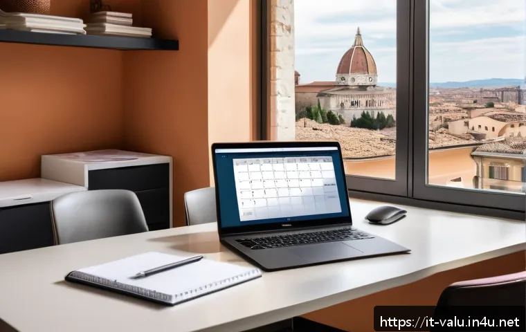 감정평가사의 자기관리 비법 - A modern Italian real estate agent's workspace during a busy morning, featuring a sleek laptop with ...
