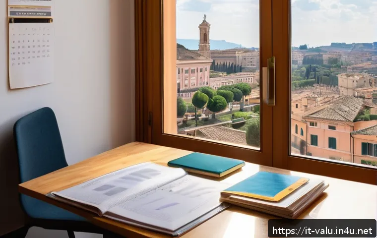 감정평가사 자격증 취득 후기 - A focused Italian student studying at a tidy desk filled with law books, real estate manuals, and a ...