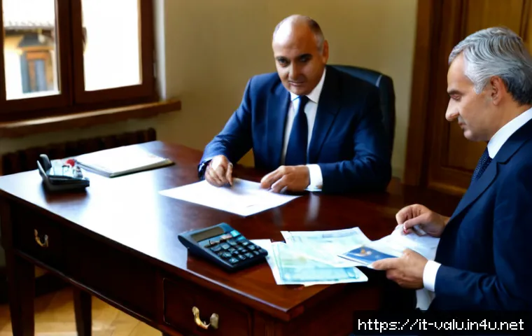 감정평가사의 수수료 체계 분석 - Photorealistic Italian property valuation consultation, a professional appraiser and middle-aged hom...